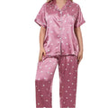 Custom Logo Plus Size Two-Piece Satin Sleepwear Set for Women Short Sleeve Pajama Pants Loungewear Simple Solid Nightwear Silk