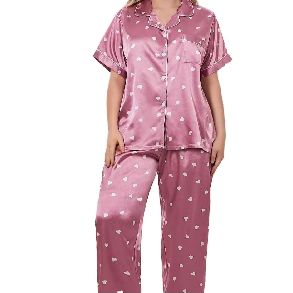 Custom Logo Plus Size Two-Piece Satin Sleepwear Set for Women Short Sleeve Pajama Pants Loungewear Simple Solid Nightwear Silk