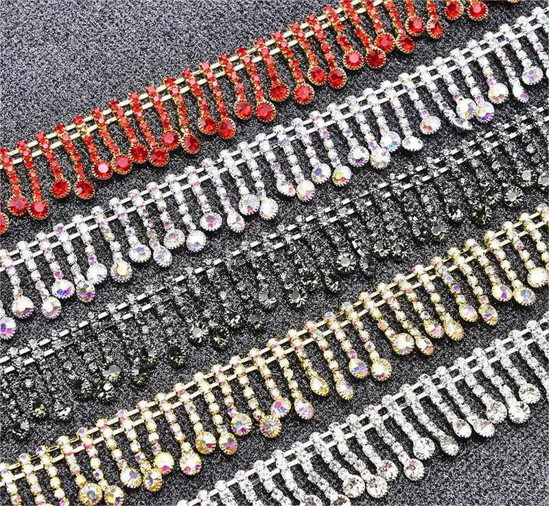 JFRT042 Wholesale Bling Rhinestone Tassel Chain Sewing Applique Crystal Fringe Trimming for Garment Decoration