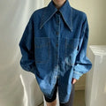 Autumn Retro Style Large Lapel Single Breasted Casual Loose Lantern Sleeve Denim Shirt for Women's Top