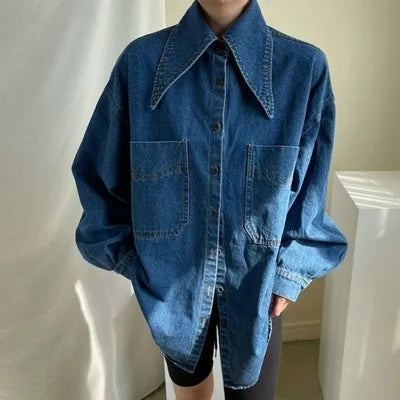 Autumn Retro Style Large Lapel Single Breasted Casual Loose Lantern Sleeve Denim Shirt for Women's Top