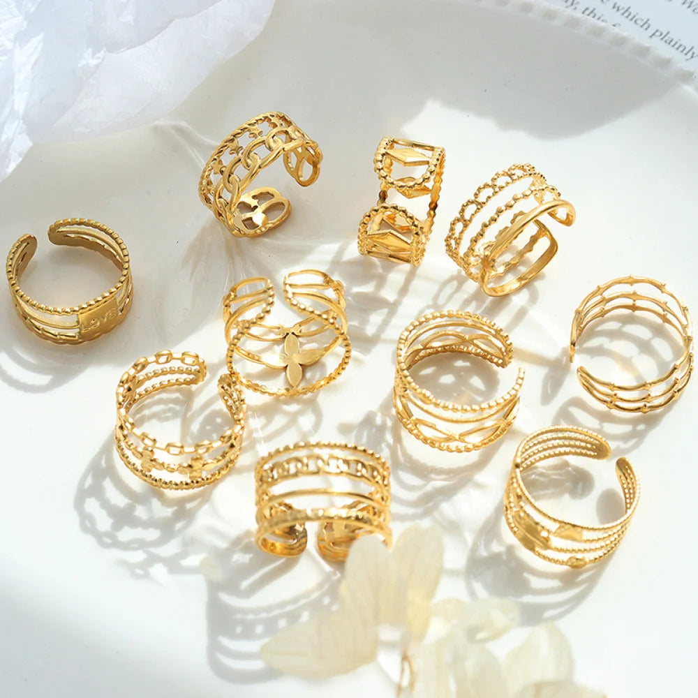 Fashion Trendy Gold Plated Adjustable Layered Chain Stainless Steel Jewelry Women Finger Ring Sets