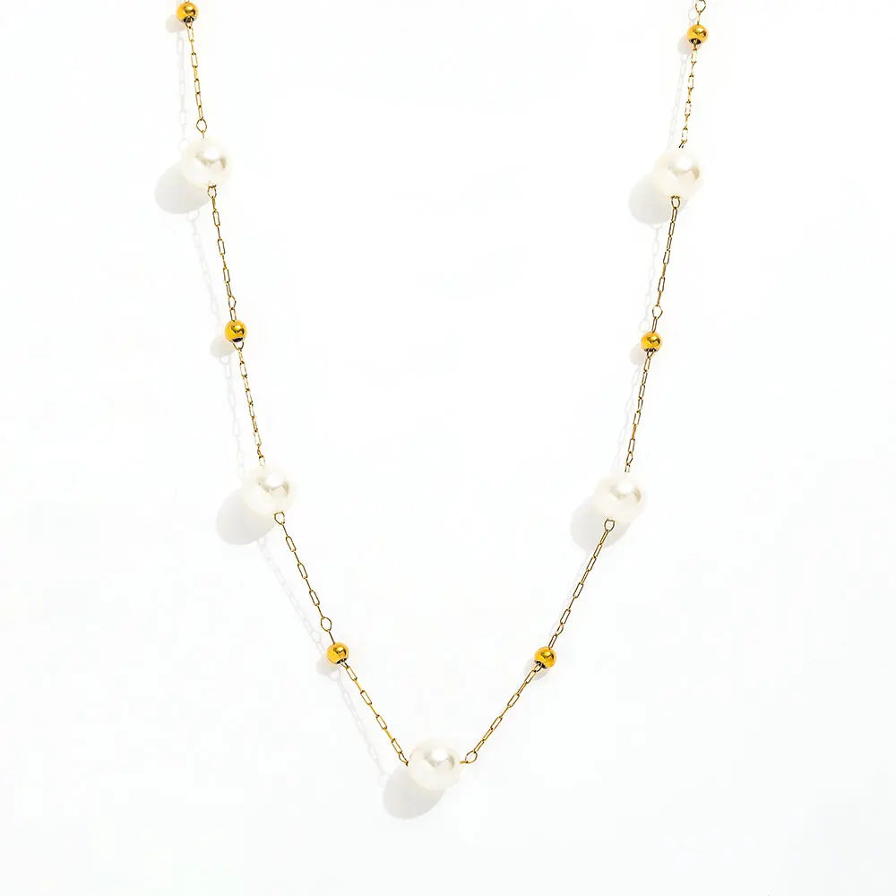 Joolim Jewelry 18K Gold Plated Imitation Pearl Dainty Chain Beads Satellite Necklace Stainless Steel Jewelry Wholesale