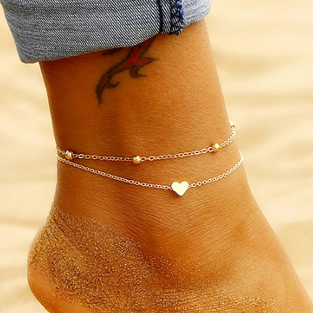 Bohemian Style Women's Barefoot Sandals Bracelet Multilayer Heart Charm Anklet with Love Heart Shaped Pendant for Beach Gift