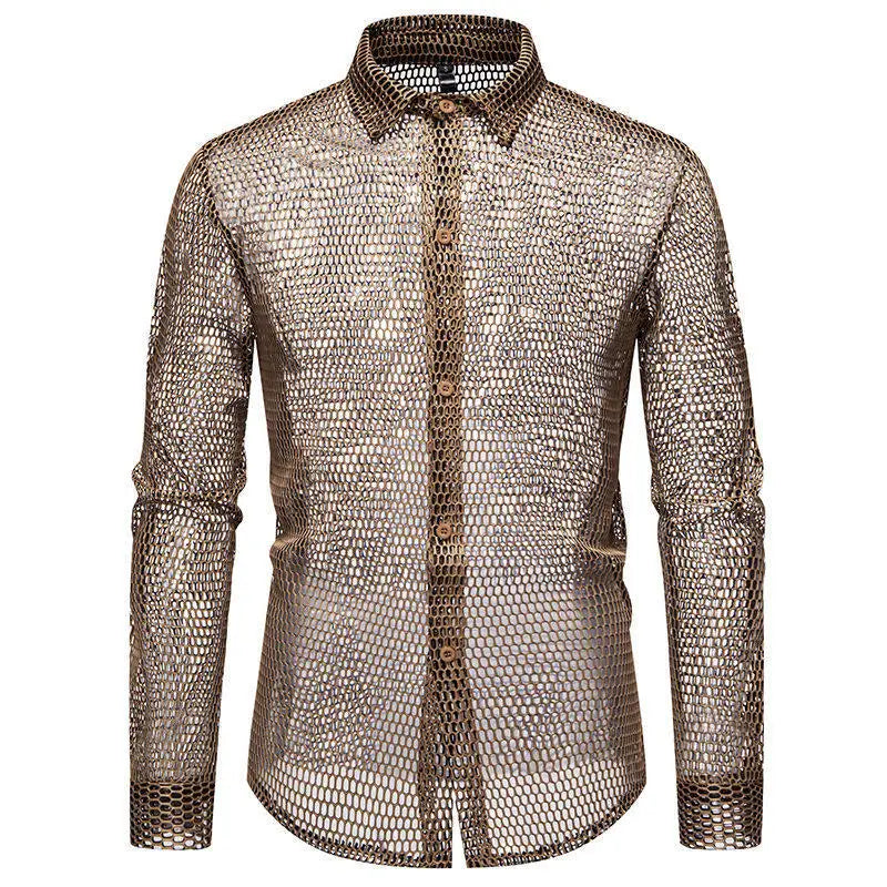 Clearance Sales Men's Casual Summer Tops Hollow Long Sleeve Breathable Shirts Loose Streetwear Hip Hop Club Party Yarn Dyed