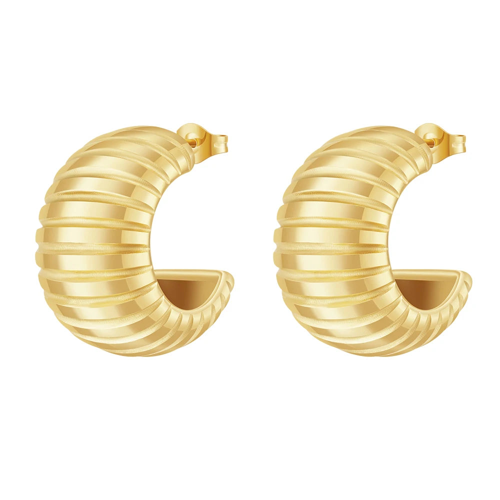 Latest 18K Gold Plated Stainless Steel Jewelry Large Step Striped Hoop Earrings Waterproof for Women Party Earrings E241557