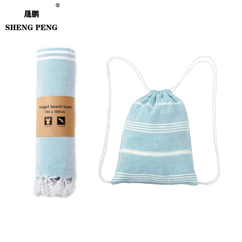 Wholesale Custom Quick Dry 100% Cotton Turkish Tassels Eco-Friendly Sand Free Soft Striped Beach Towel with Bag for Summer