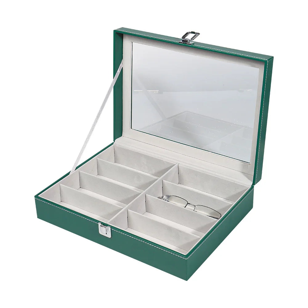 Green Black Leather 8 Slot Glass Lid Spectacles Sunglasses Eyewear Storage Display Box With Buckle