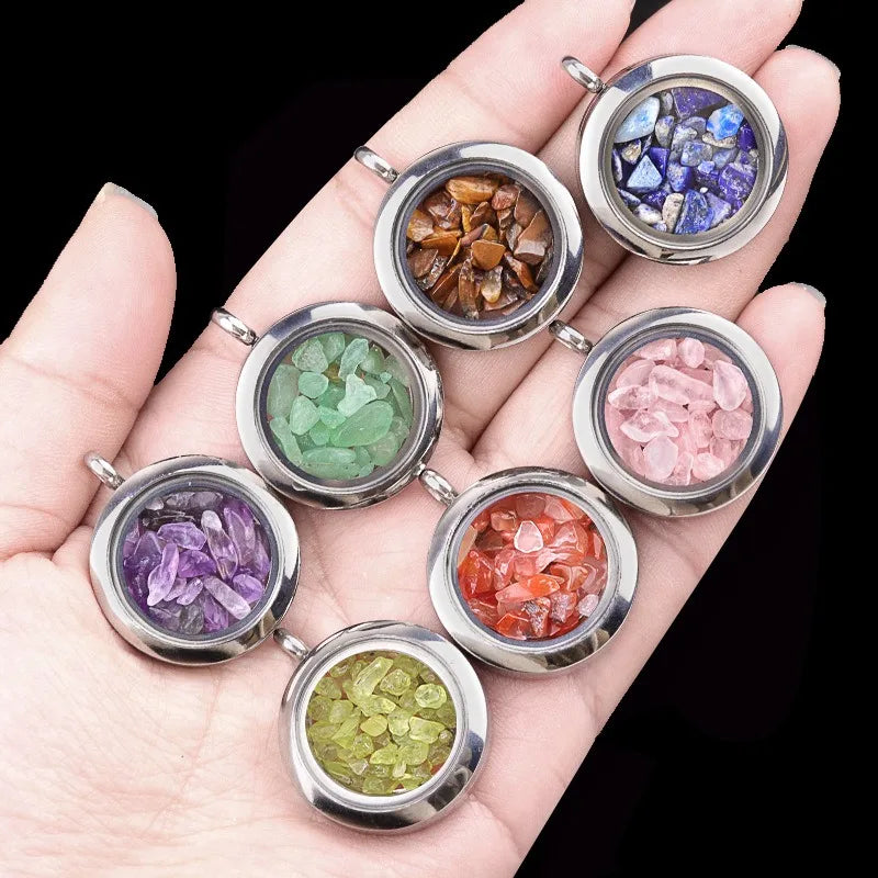 Stainless Steel Rainbow Gemstone Irregular Gravel Crystal Natural Stone Round Gem Stone Necklace