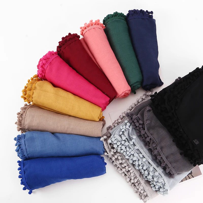 2026 New Hot Customized Cotton Scarves Solid Fashion Monochrome Fur Ball Digital Printing Long Style Wholesale