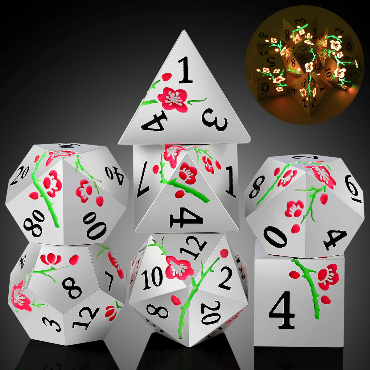 New Style Plum Blossom 7pcs Metal Dnd Dice Polyhedral Playing Dice Set D&D RPG Dice Metal for Board Game Luminous pink