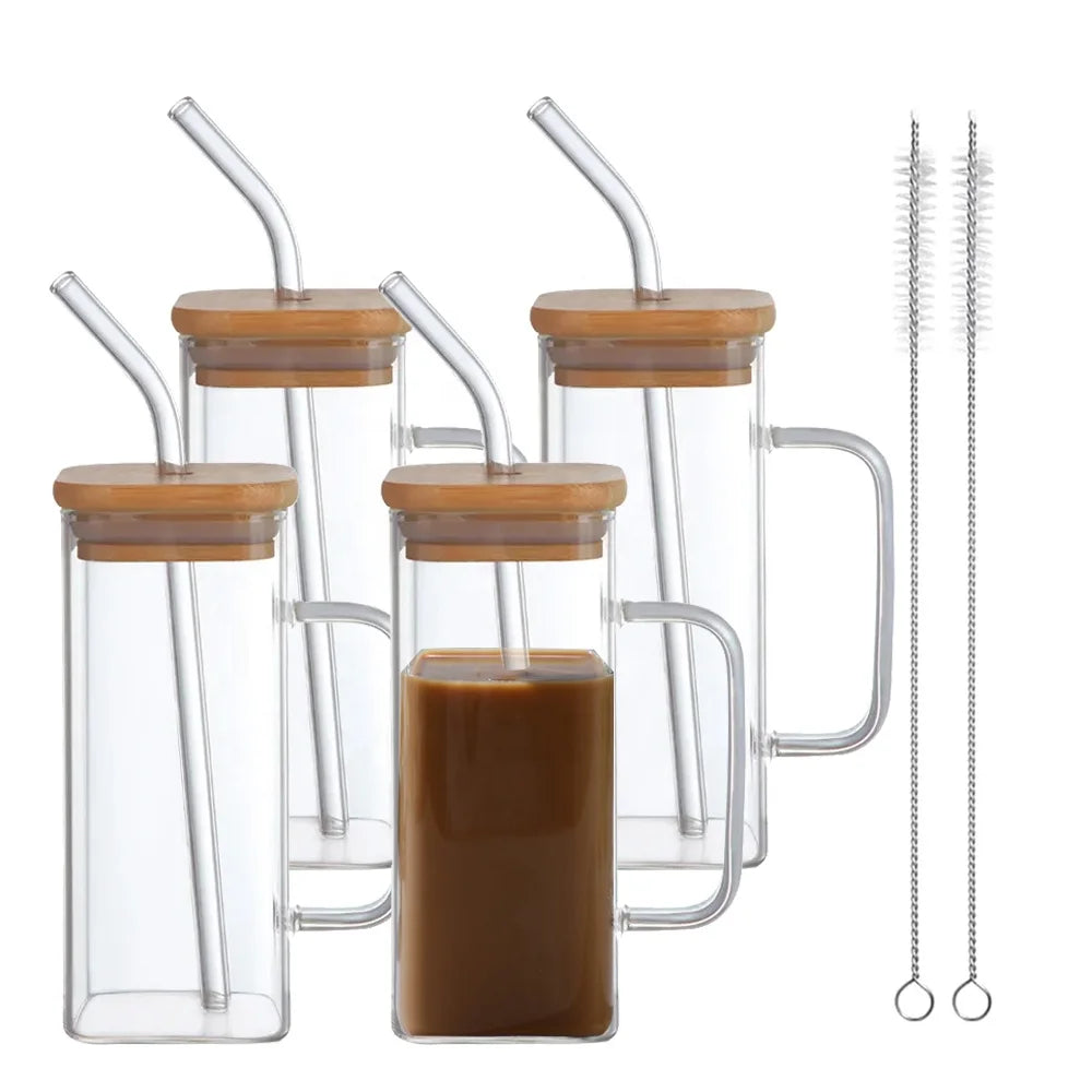 Factory Price Customizable Borosilicate Square Glass Cup Bamboo Lid Straw Handmade Mouth Blown Transparent Colorful Handle