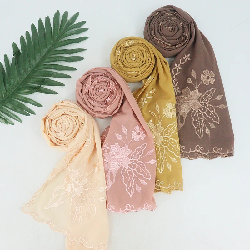 Wholesale Embroidery Chiffon Scarf Lace Chiffon Hijab Embroidery With Shell Side Flower Scarf Shawls for Muslim Women Scarves