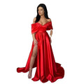 Women Red Satin Long Evening Dresses Side Slit Off the Shoulder Pleats Prom Gowns Formal Party Dress Wear Custom Made