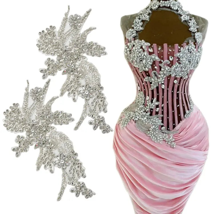 Custom Full Bodice Flower Bridal Wedding Keering Red Gold Black Pink Orange Silver Rhinestone Bodice Applique for Dresses