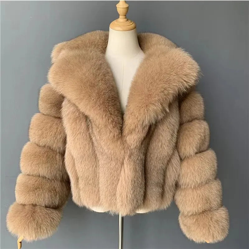 Excellent Fluffy Custom Winter Heavy Warm Women Crop Fur Collared Real Fox Fur Coat Jacket
