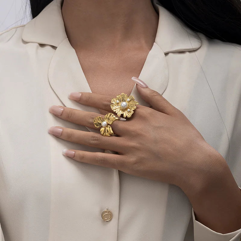 Fashion Jewelry Metal Pearl Gold Plated Ocean Flower Fashion Pearl Ring Ladies Summer Rings