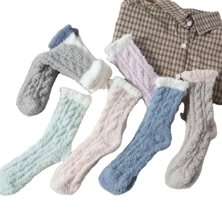 Fashion Crown Embroidery Wool Fuzzy Retro Pure Color Winter Thick Socks Women Warm Soft Comfortable Lady Socks
