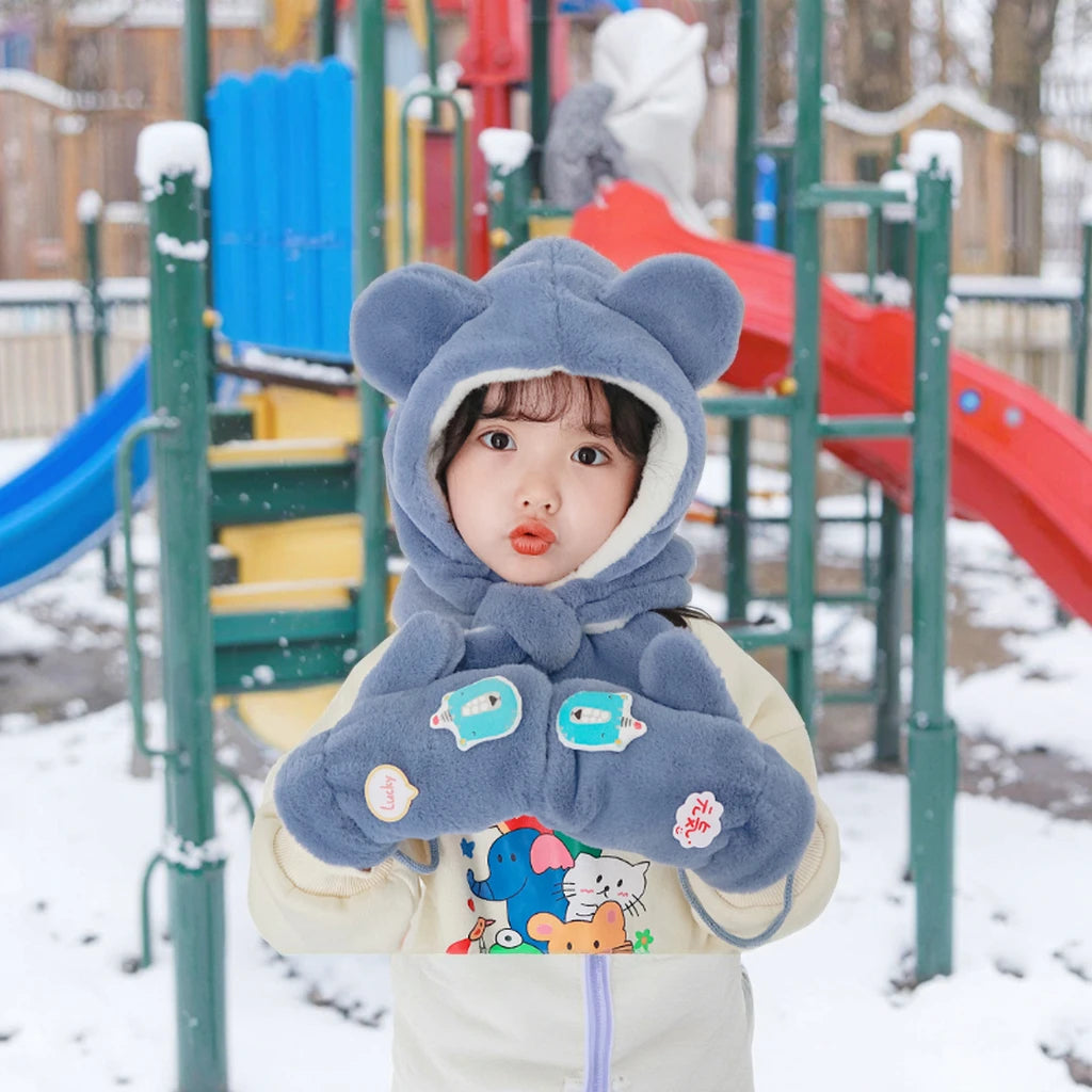 Wholesale Outdoor Winter Warm Plush Kids Scarf Hat Gloves Sets Plain Style with Neck Cover