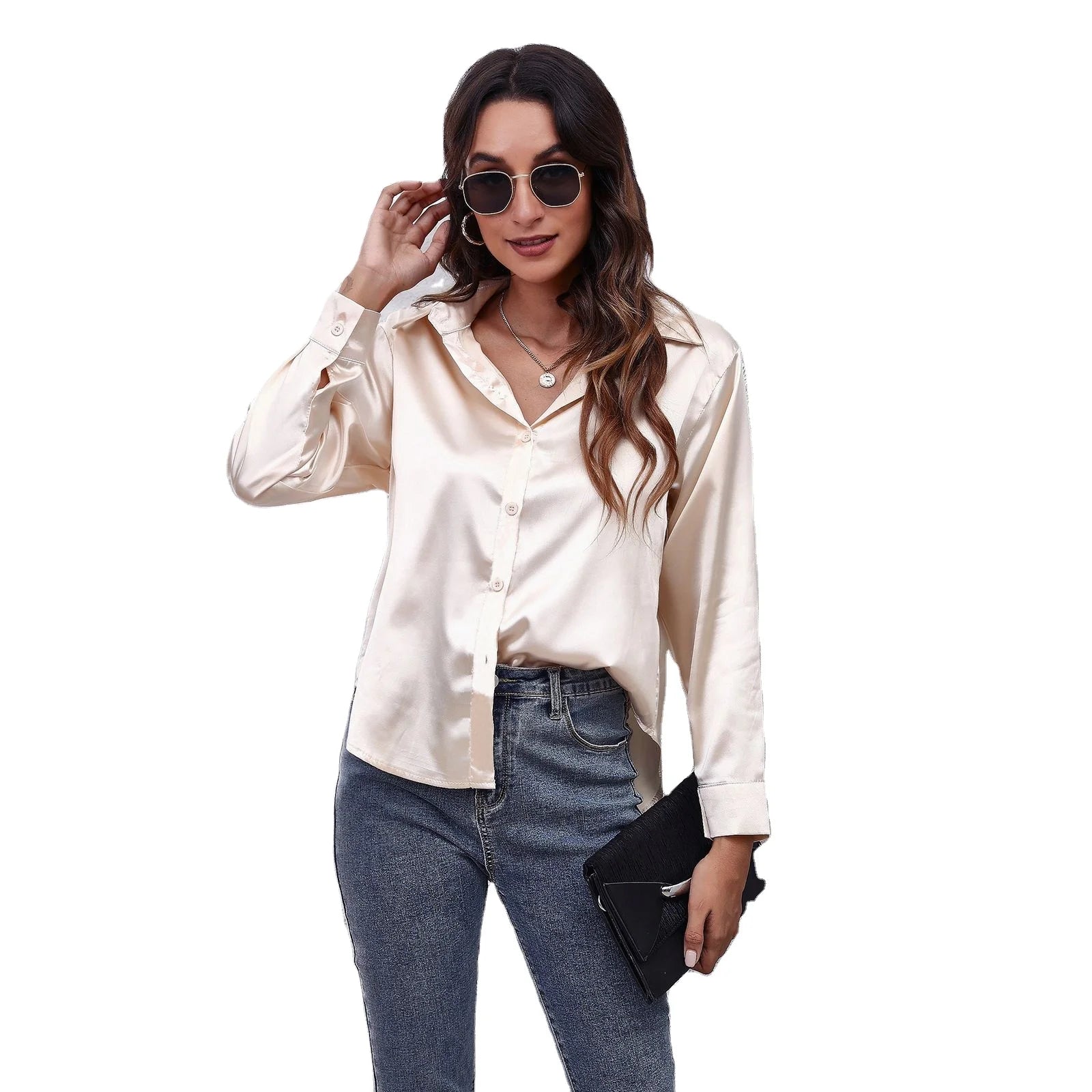 New Arrival Elegant Button-Up Satin Blouse for Women Spring Casual Long Sleeve Tops Simple Not Made Nonwoven Material
