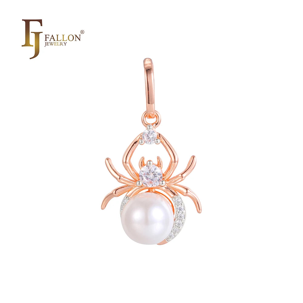 FJ Fallon Fashion Jewelry Spider Animal Pearl Pendant Plated in Rose Gold Two Tone Brass Based