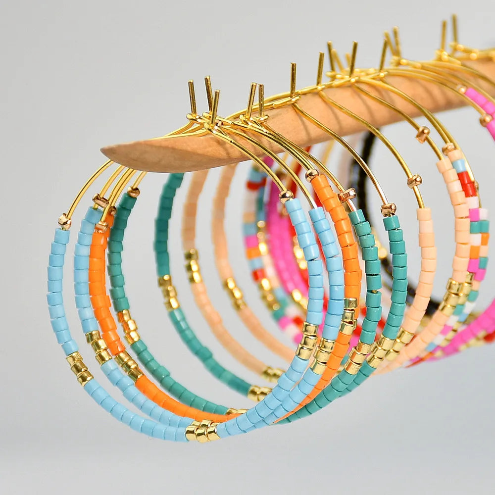 Boho Vintage Gold Plated Earrings Handmade Colorful Rice Seed Bead Alloy Hoop  Geometric Pattern Party Gift for Women's
