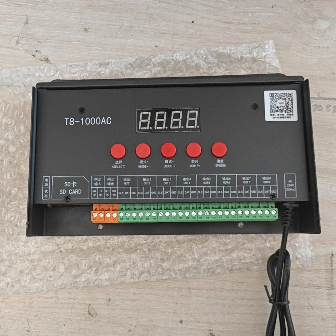 T8-1000AC Programmable Pixel LED Controller 8 CH Digital Strip Dimmer with SD Card & WS2812 Sk6812 for Addressable Neon Lights