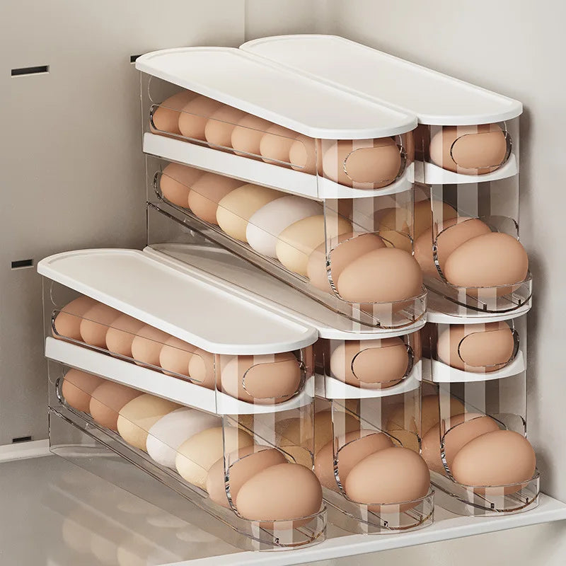 Kitchen 2 Layers Transpents Automatic Rolling Egg Dispenser and Storage Organizer Container Refrigerator Egg Storage Box