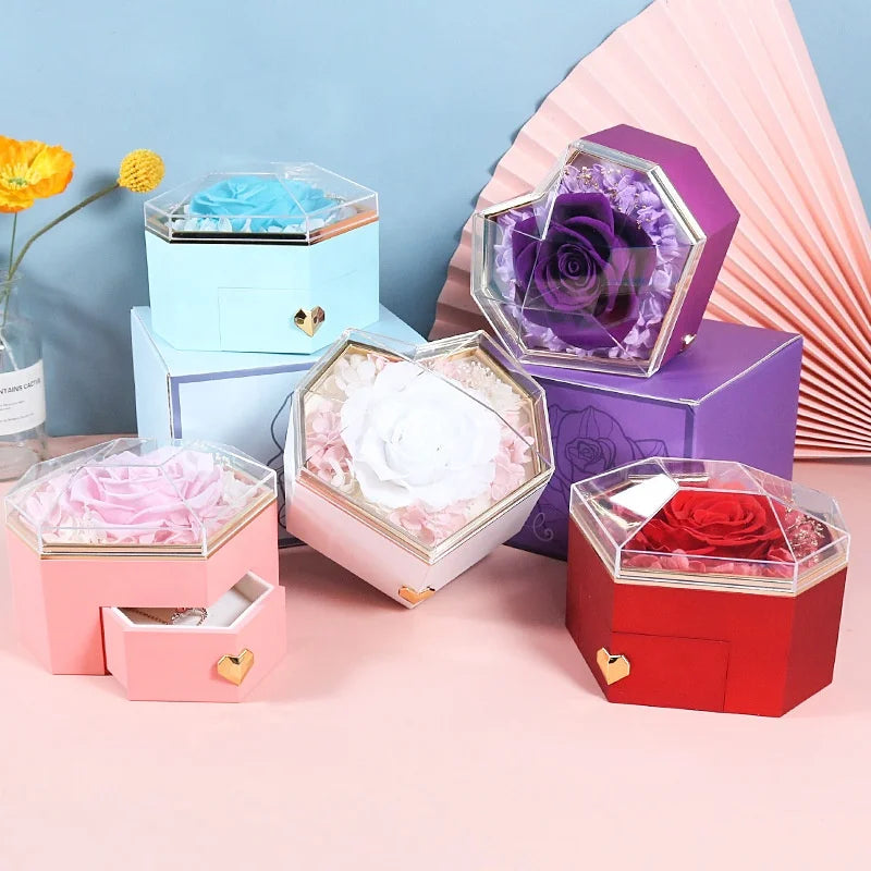 Wholesale New Valentine Day Rose Eternal Flower Gift Box Ring Earrings Necklace Drawer Jewelry Boxes