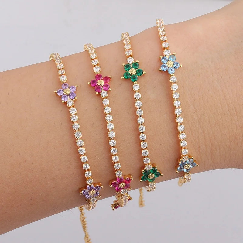 Fashion Minimalist Geometric Flower Crystal Zircon Tennis Chain Bracelet Adjustable Women Jewelry