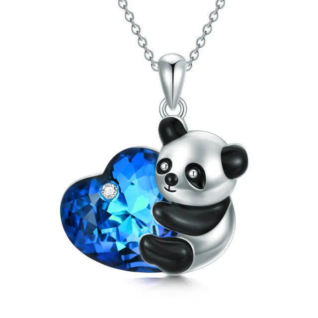 New Design 925 Sterling Silver Enamel Cute Panda Hug Heart Crystal Pendant Necklace