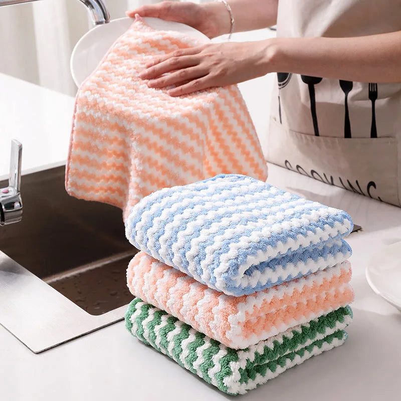 New 25*25cm Wavy Striped Dish Cloth Lazy Kitchen Dishcloth Towel Absorbent Polyester Fleece Rag Kitchen Thickening Lint-Free