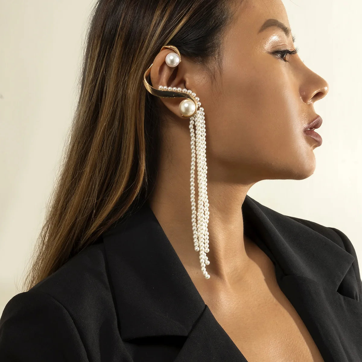 Women Elegant Long Baroque Pearl Bead Tassels Ear Cuffs Earring No Pierce Bohemian for Wholesale