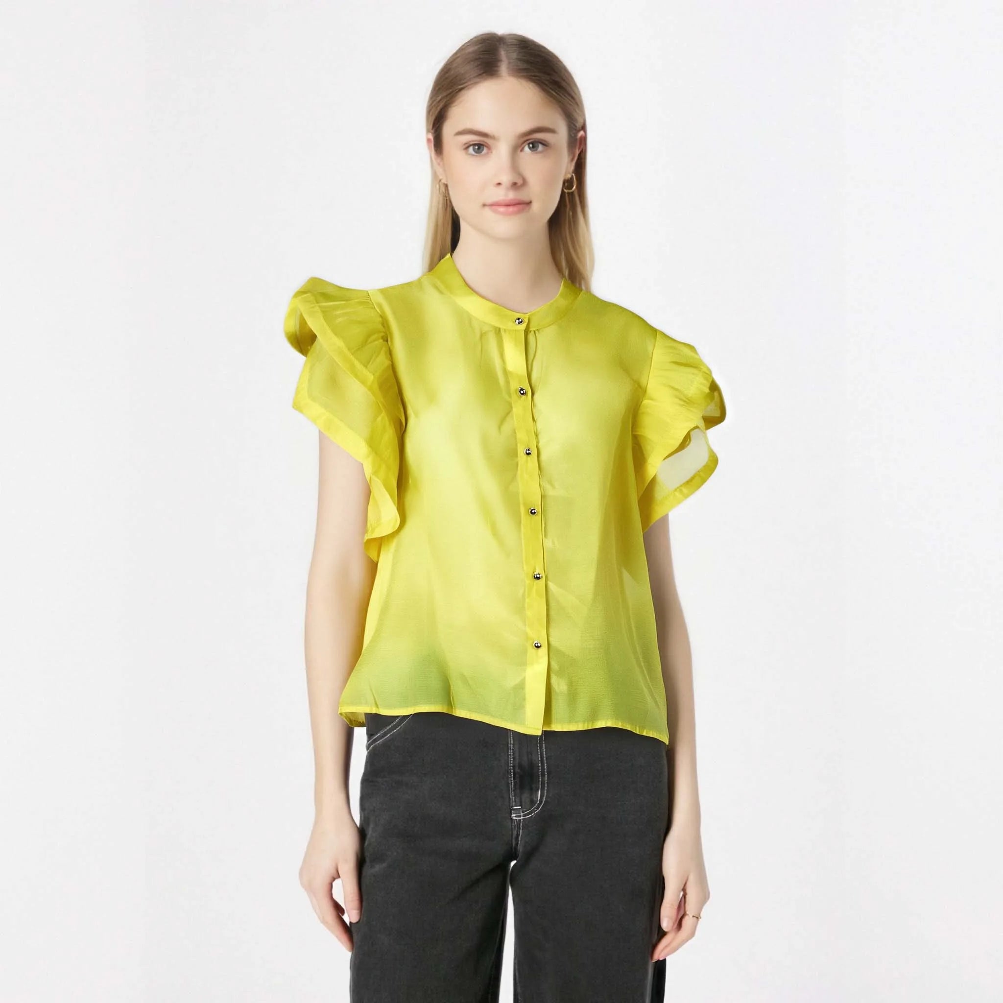Beautiful Blous Women Lady Elegant Women Yellow Chiffon Blouse Chiffon Blouse Top Short Sleeve