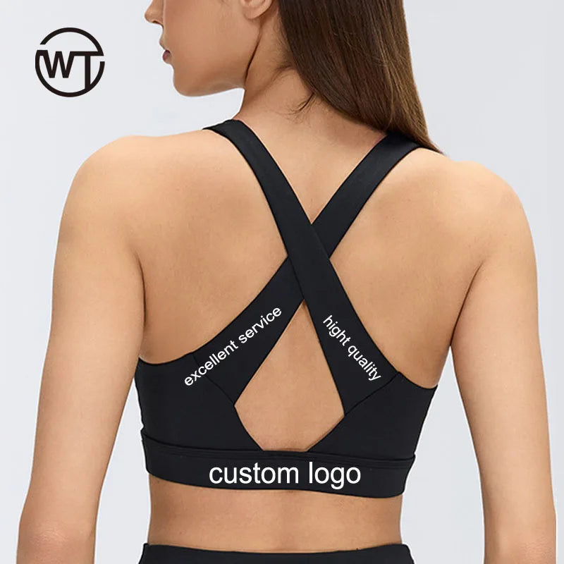 Women's High Support Crisscross Straps Spandex/Nylon Yoga Bra Front Custom Logo Four-Way Stretch V-neck for Running Gym Training