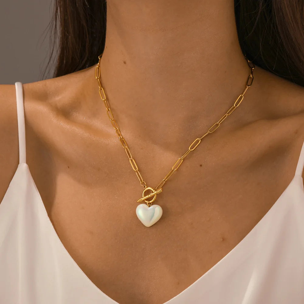 Beimai OEM Necklace Heart Shape Pearl OT Buckle Pendant Fashion Stainless Steel Gold Plated Clavicle Chain Necklace