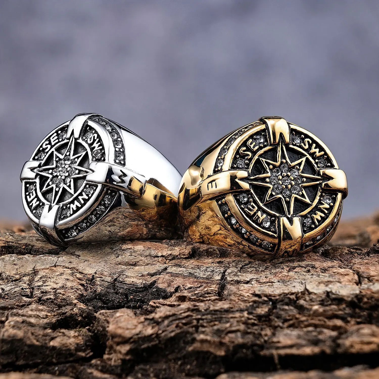 Vintage Stainless Steel Scandinavia Viking Compass Crystal Zircons Ring Retro Punk Biker Pirate Compass Polaris Star Ring Man