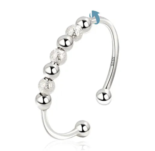 Fashion 925 Sterling Silver Jewelry Open Adjustable Size Frosted Beaded Rings Relief Fidget Anti Anxiety Ring