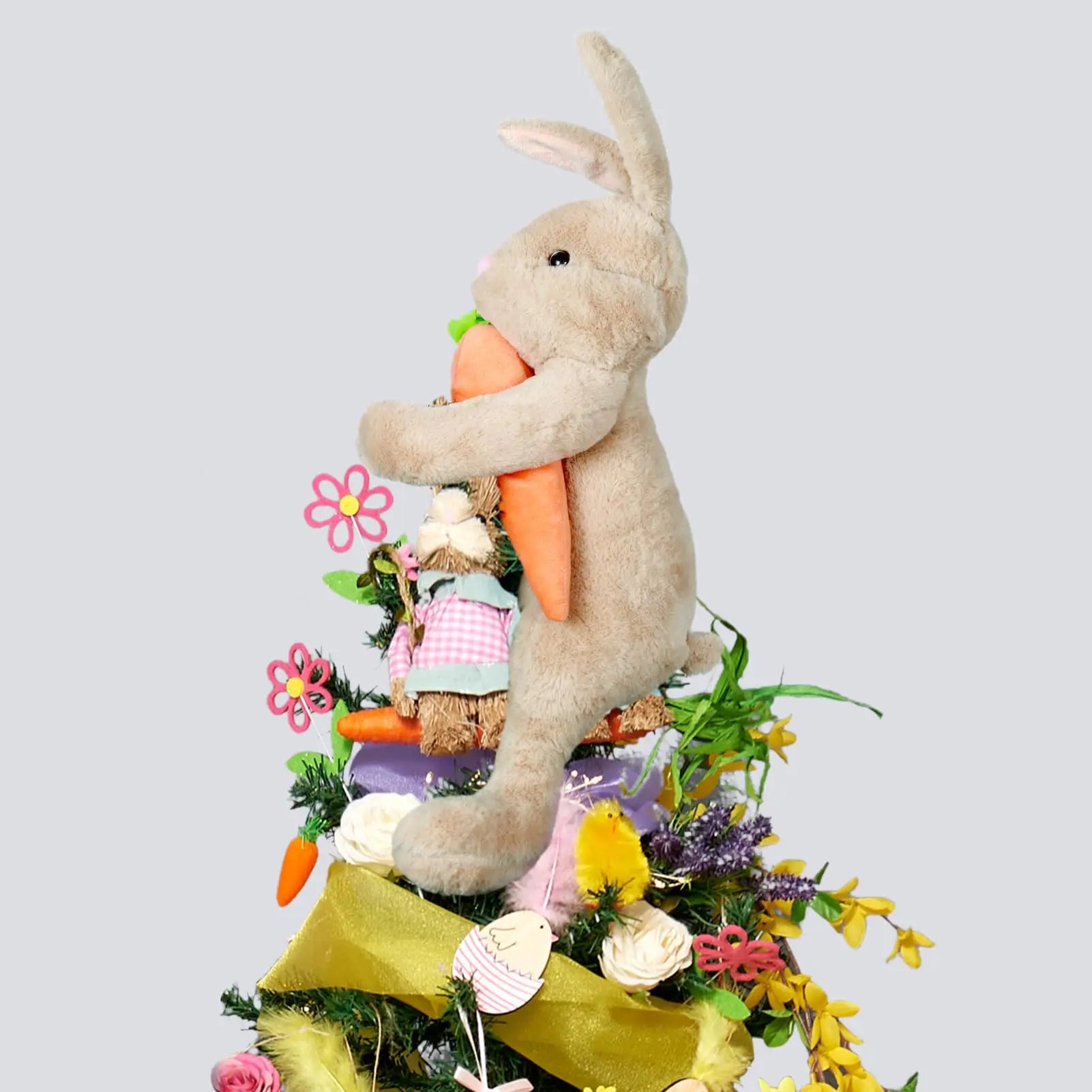 Easter bunny tree decoration spring plush rabbit hugging carrot basket filler holiday home party decor gray