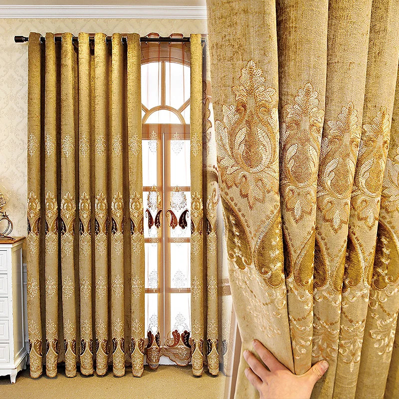 Luxurious European Chenille Gold Embroidered Window Curtains Ready Made Embroidery Blackout Curtains for Living Room