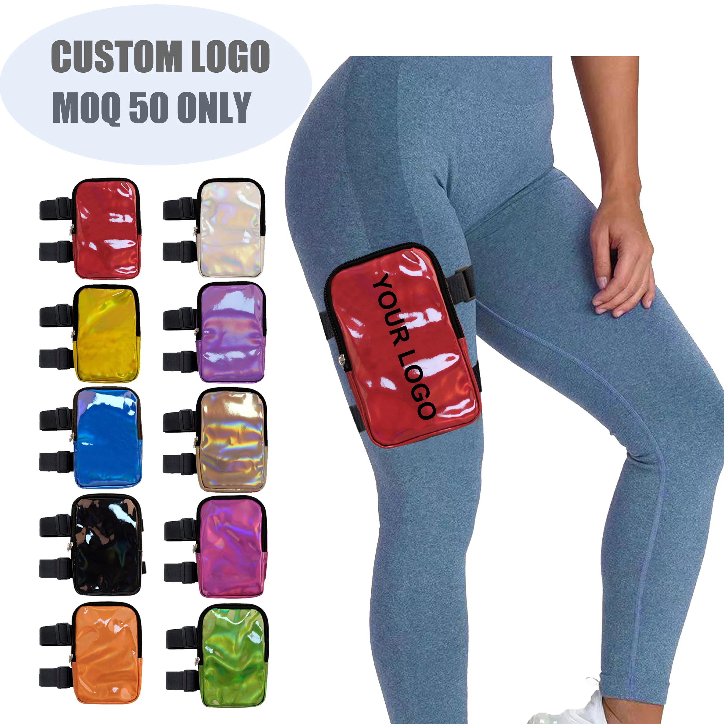 Custom Logo Holographic PU Carnival Leg Bag for Women Carnival Thigh Bag Gym Phone Pouch Hiking Waist Bag with Adjustable Strap