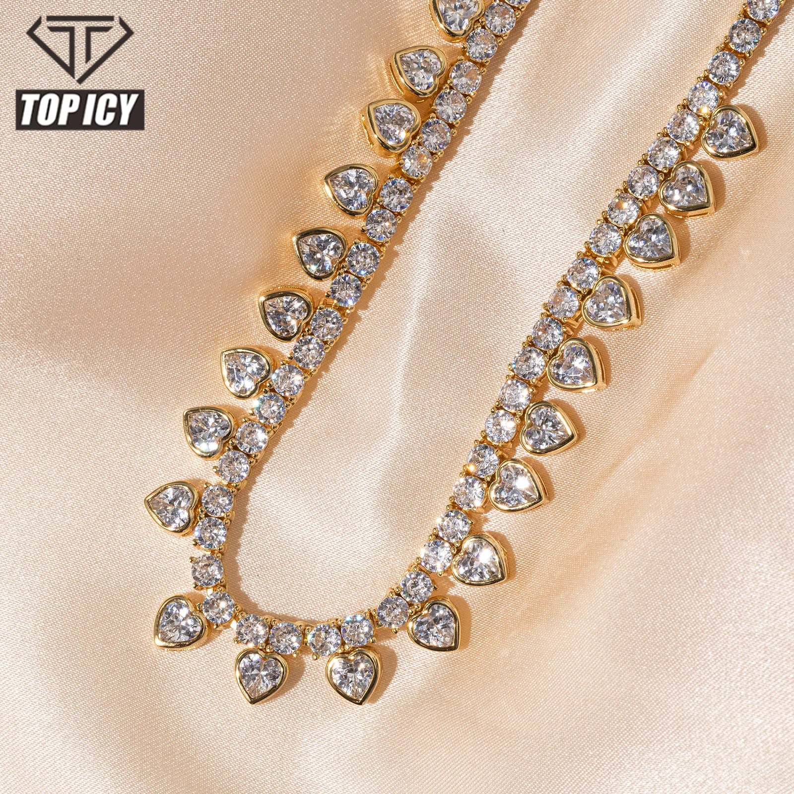 Top Icy 2mm 3mm Cubic Zirconia Heart Diamond Tennis Chain Cute  Hip Hop Necklace Bling Luxury Tennis Necklace