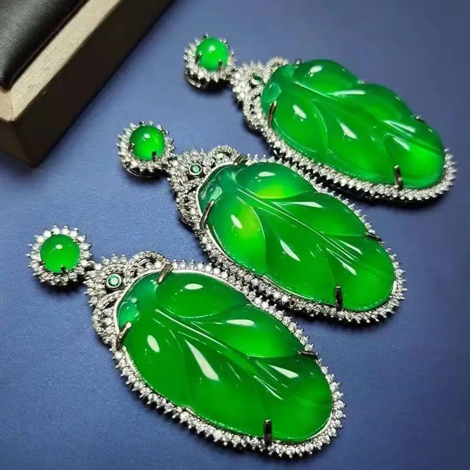 Certified Ice-Like Chalcedony Leaf Shaped Pendant 925 Silver Inlaid High Ice Chalcedony Sweater Chain