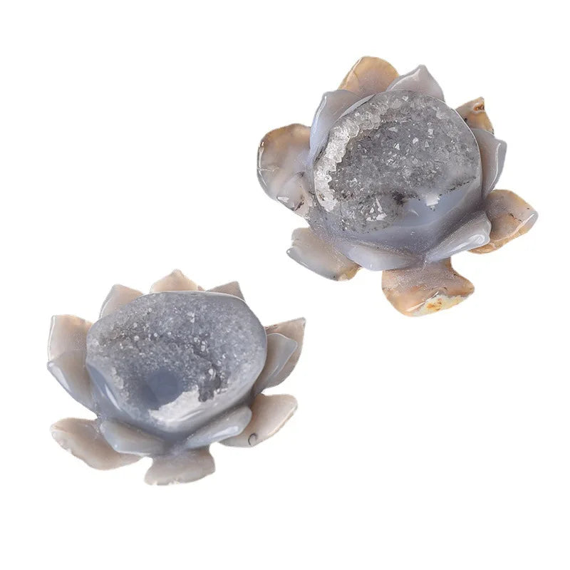 HZ Natural Crystal Crafts Healing Natural Grey Agate Lotus Flower Geode Stone Reiki Gemstone Crafts