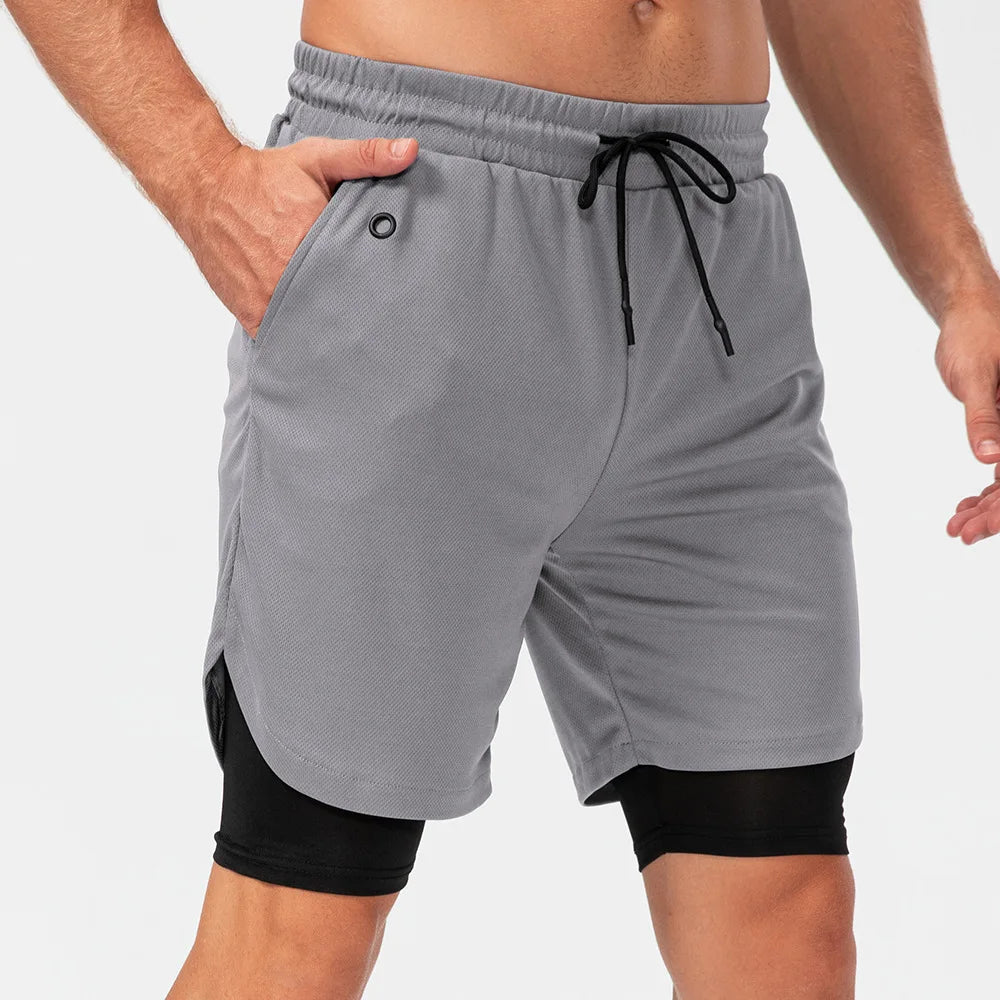 Wholesale Solid 2 In1 Running Shorts Men Double-deck Quick Dry Gym Training Sport Short Pants Yoga Leggings
