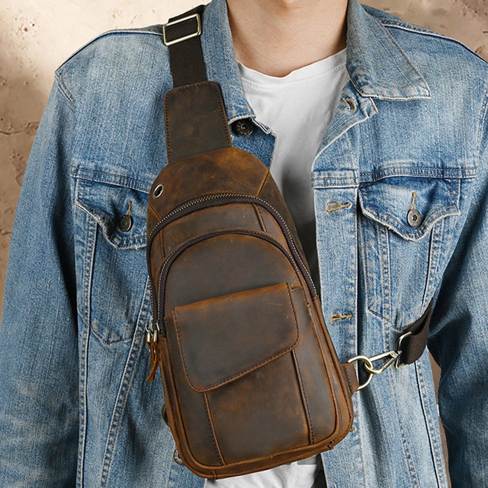 Best Luxury Cool Fashion Trendy Designer Man Retro Front Leather Sling Crossbody Bag for Travel