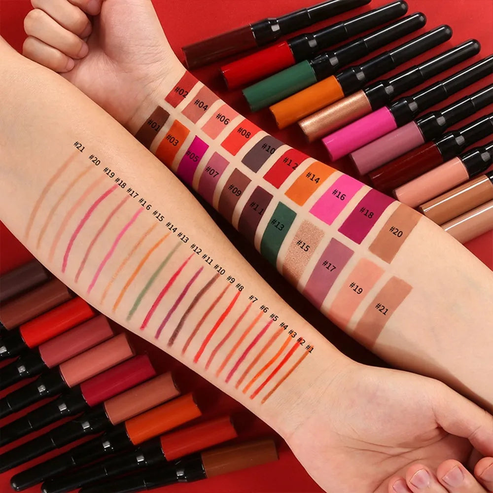 Private Label Your Logo Waterproof Long Lasting  Matte Non-stick Cup Double Head Vegan Liquid Matte Lipstick and Lip Liner Set