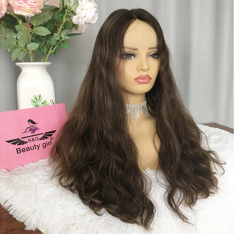 Fast Delivery  Natural Wavy Dark Brown with Highlight Color Hand Tied Lace Top Front Mongolian Human Hair Alopecia Wig