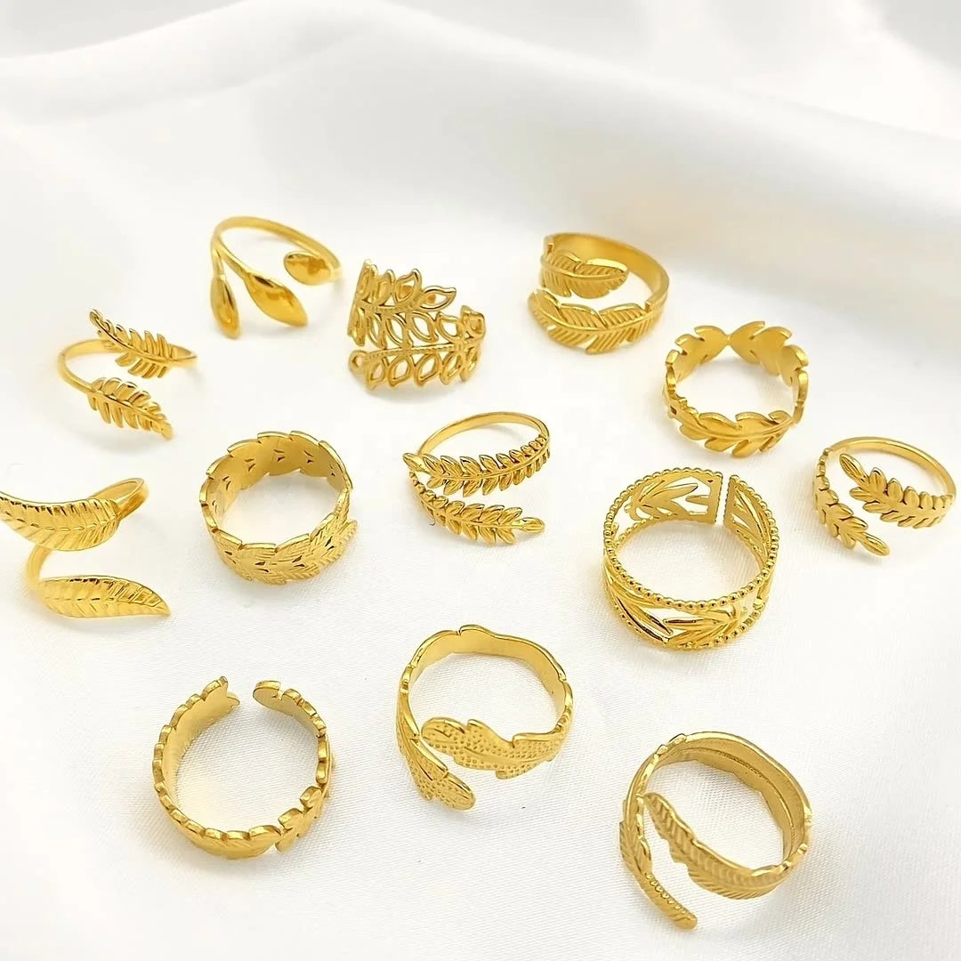Various Popular Silver/Gold Stainless Steel Leaf Ring French Vintage Opening Adjustable Titanium Steel Leaf Rings