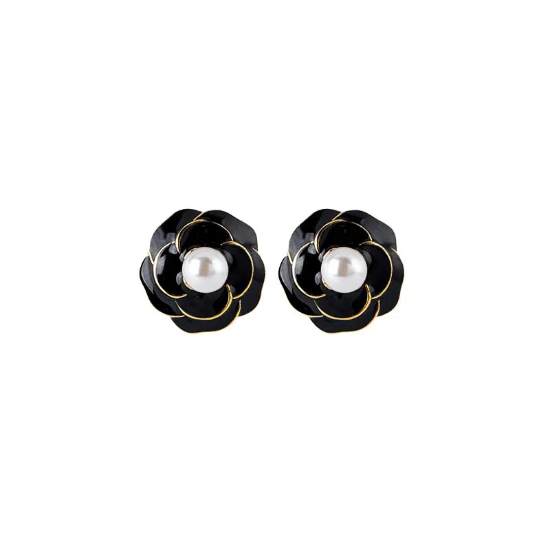 Custom 925 Sterling Silver Women Earring Black Camellia Vintage Flower Stud Earrings